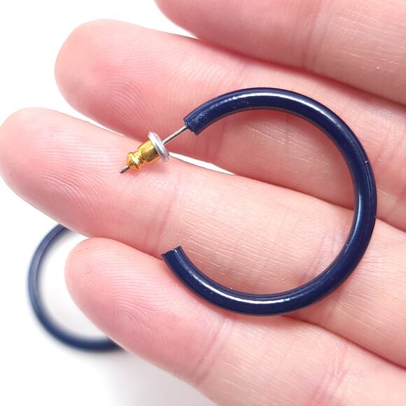 Navy Blue Open Hoop Earrings, Minimalist Modern Fashion Jewelry for Women - Picture 5 of 10